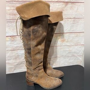 Diba True Leather Distressed Burnished Brown Lace Up Over-The-Knee Boots